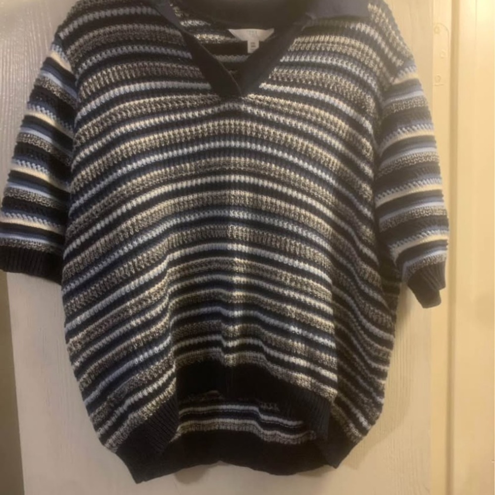 Time and Tru V-Neck Sweater - Navy, White, and Gray Stripes
